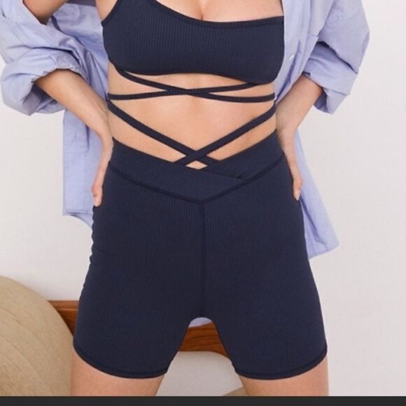 For Love And Lemons Chloe Blue Ribbed Biker Shorts Size L NWT - Picture 6 of 7